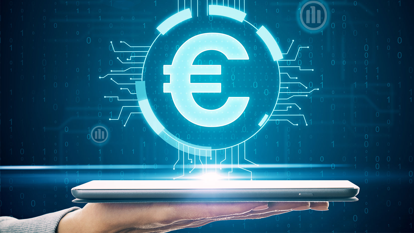 digitaler Euro mit € Zeichen und einem Tablett